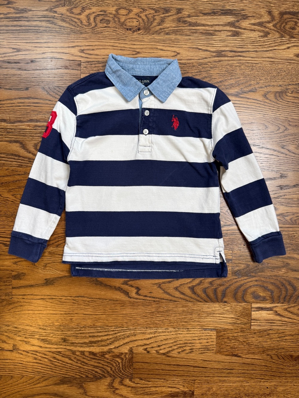 U.S. Polo Assn. Boys Navy & White Striped Rugby Polo w/ Chambray Collar Size 4-5